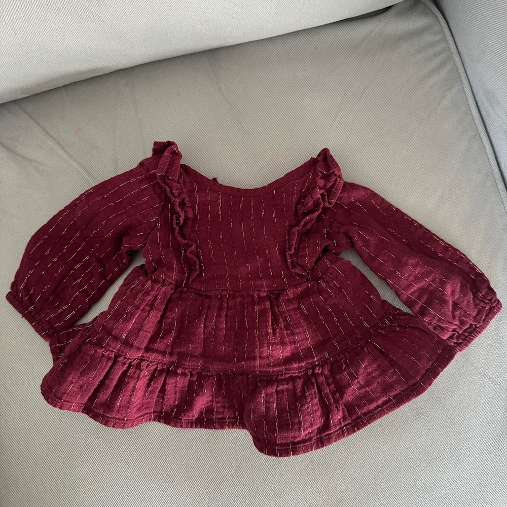 NWOT Newborn dress maroon/burgundy with gold stripes.